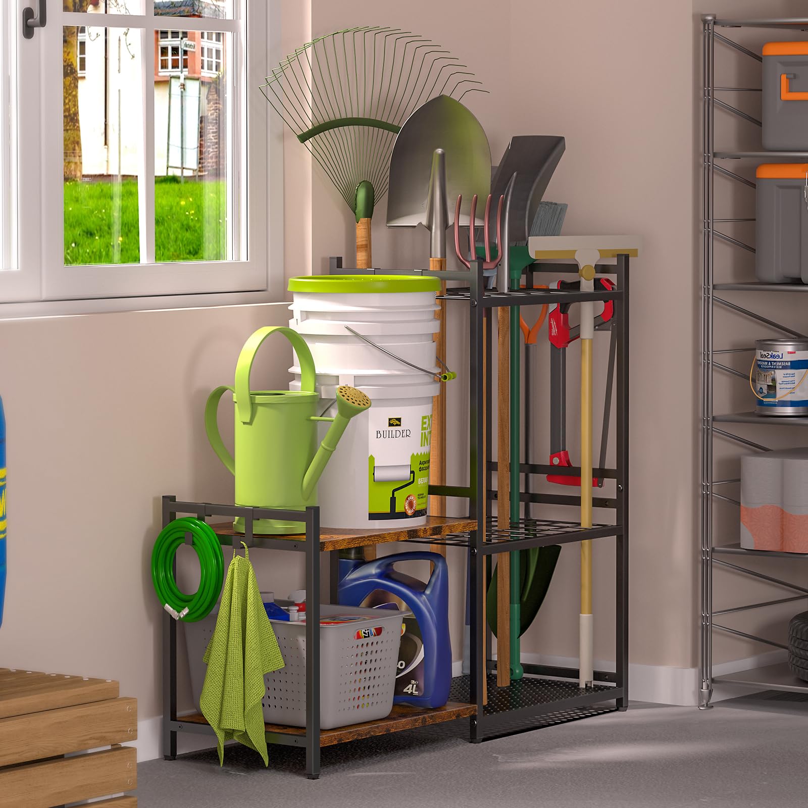 DAOUTIME Garage Tool Organizer with 2-tier Wooden Shelves, Yard